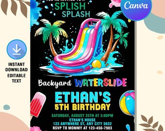 Waterslide Birthday Invitation,Water Slide Invitation,Waterslide Party,Summer Pool Party,Splish Splash Invite,Editable Canva Template