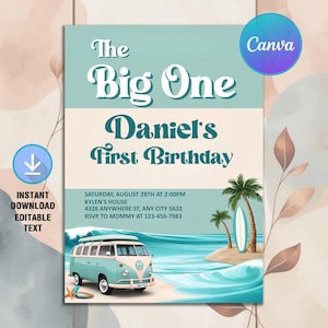 The Big One Surf Birthday Invitation,Surfing 1st Birthday,Retro Van Surfboard,Summer Beach Party,Instant Download,Editable Canva