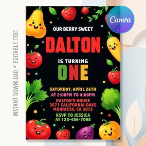 Dancing Fruit Birthday Invitation,Fruit Birthday Invitation,Hey Bear Sensory Invitation,Hey Bear Invite,Instant Download,Editable Canva