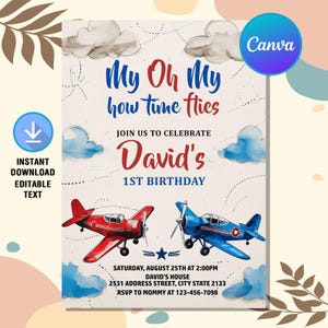 Airplane Birthday Invitation,Airplane Invitation,Airplane Birthday Party,Time Flies Birthday Invitation,Instant Download,Editable Canva