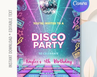 Uitnodiging discofeest, disco verjaardagsfeestje, neon glow disco dance party, disco uitnodiging, instant download, bewerkbare canva