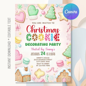 May include: A festive invitation for a Christmas cookie decorating party. The design features colorful cookie illustrations, including gingerbread houses, mittens, and Christmas trees. The text reads "Christmas Cookie Decorating Party" hosted by Emmy's, with date, time, and RSVP information.
