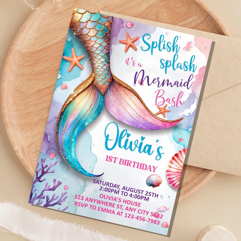 May include: A mermaid-themed invitation with a watercolor design. The invitation features a mermaid tail in shades of blue, gold, and pink, with text that reads "Splish Splash Mermaid Bash" and details for Olivia's 1st birthday.