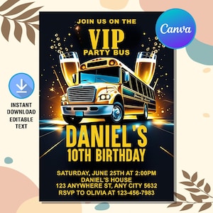 Party Bus Birthday Invitation,Party Bus Invite,VIP Party Bus Birthday Invite,Bus Birthday Party,Instant Download,Editable Canva