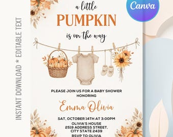 May include: A baby shower invitation with a pumpkin theme. The design features pumpkins, sunflowers, and baby clothes. The text reads "a little PUMPKIN is on the way" and includes event details and the name Emma Olivia.