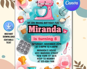 Baking Birthday Invitation,Baking Party,Baking Party Invitation,Cooking Birthday Invitation,Instant Download,Editable Text Canva