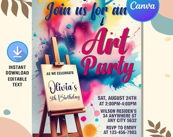 May include: An art party invitation with a watercolor background of blue, pink, yellow, and purple. The invitation includes the text "Join us for an Art Party" and "Olivia's 5th Birthday". A wooden easel holds a canvas with the party details.