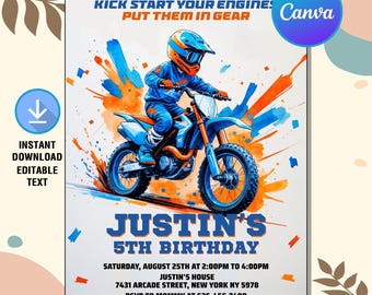 Dirt Bike Birthday Invitation,Dirt Bike Adventure Invite,Motocross Birthday Party,Motorbike Invite,Instant Download,Editable Text Canva