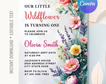 Puede incluir: Una invitación con temática floral con el texto "Our Little Wildflower is Turning One". El diseño presenta flores de acuarela en tonos rosas, amarillos y morados. La invitación incluye detalles del evento e información de RSVP.