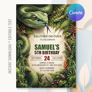 Pode incluir: Um cartão de convite de aniversário com uma grande cobra verde, lagartos e insetos entre samambaias e bagas. O texto diz: SSLITHER ON OVER TO CELEBRATE SAMUEL'S 5TH BIRTHDAY, SEPTEMBER 24, 3:00-5:00PM, SAMUEL'S HOUSE, 4328 ANYWHERE ST, ANY CITY 5632, RSVP TO MOMMY AT 123-456-7890.