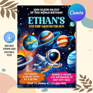 May include: A digital invitation for a birthday party with a space theme. The design features an astronaut, planets, and stars against a dark blue background. Text includes the name "Ethan's", date, time, and RSVP information.