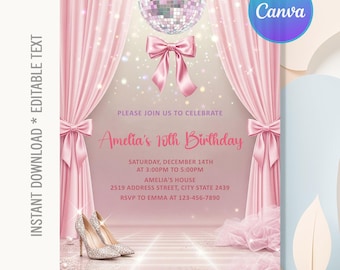 Coquette Bow Disco Birthday Invitation,Pink Party Invite Disco Ball Birthday,Disco Party Invite,Instant Download,Editable Canva