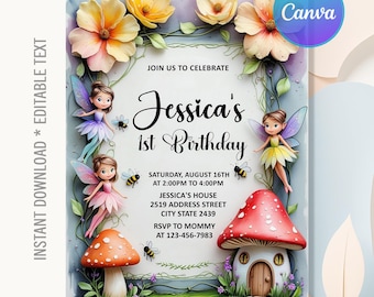 Puede incluir: Una invitación de cumpleaños caprichosa con el texto "Jessica's 1st Birthday". El diseño incluye ilustraciones de hadas, setas, flores y abejas. La invitación también incluye la fecha, hora, lugar e información de RSVP. También se incluyen las palabras "Instant Download * Editable Text".