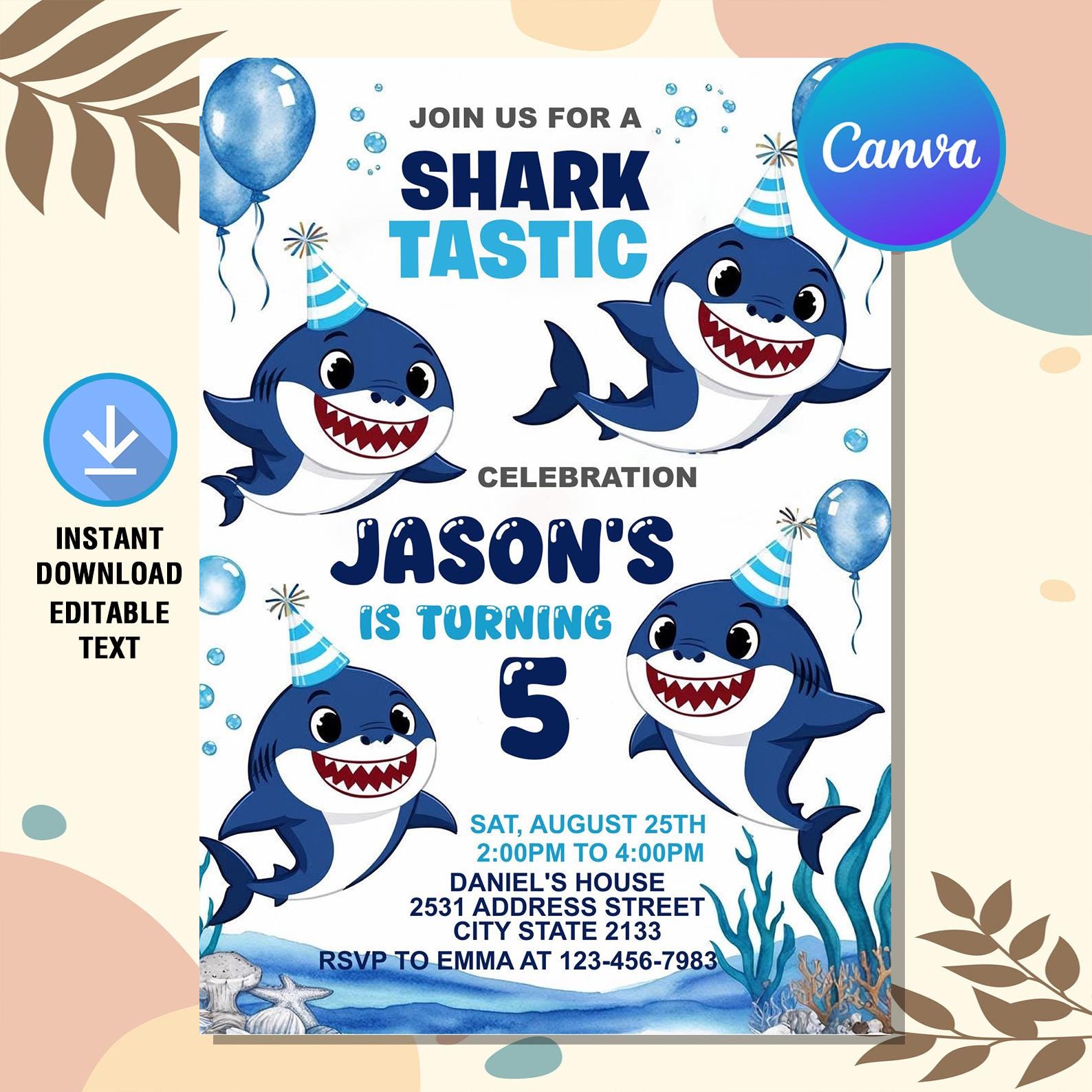 Shark Birthday Invitation,Shark Tastic Invitation,Ocean Theme Party,Shark Party Invite,Shark Invitation,Instant Download,Editable Canva