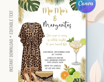 Moo Moos and Margaritas Invitation,Mumu & Margaritas Party,Ladies Night Leopard Pajama Girls Invite,Instant Download,Editable Canva