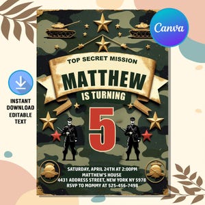 Invitation d'anniversaire de l'armée, Invitation de fête militaire, Invitation d'anniversaire de soldat, Invitation de l'armée de terre, téléchargement immédiat, toile modifiable