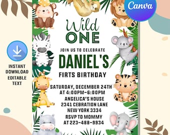 Safari Birthday Invitation,Wild One Birthday Invite,Jungle Animals invitation,Jungle First Birthday,Instant Download,Editable,Canva