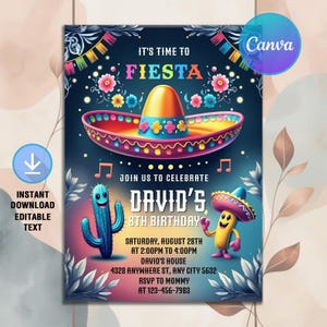 Fiesta Birthday Invitation,Fiesta Invitation,Mexican Theme Invitation,Mexican Papel Birthday Party,Instant Download,Editable Canva