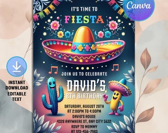 Invitación de fiesta de cumpleaños, invitación de fiesta, invitación con temática mexicana, fiesta de cumpleaños de papel mexicano, descarga instantánea, Canva editable