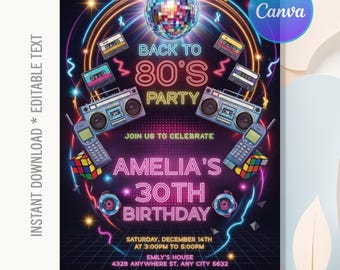 80年代の誕生日招待状、80年代の招待状、80年代を振り返るパーティー、懐かしい招待状、80年代、90年代のあらゆる年齢層、即時ダウンロード、編集可能なCanva