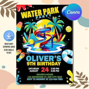 Water Park Birthday Invitation,Water Park Birthday Party,Water Slide Birthday Invite,Summer Pool Party,Instant Download,Editable Canva