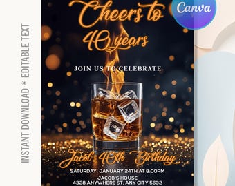 Whiskey Birthday Invitation,Whiskey Invitation,Adult Men Birthday Party,Cheers to 40th 50th Any Age,Instant Download,Editable Canva