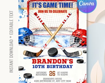 May include: Hockey-themed birthday invitation with crossed hockey sticks, a puck, and two helmets. The invitation reads "It's Game Time!" and "Brandon's 10th Birthday." Includes event details and editable text.