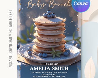May include: A digital invitation for a baby brunch, featuring a stack of pancakes topped with blueberries on a white plate. The invitation includes the text "Baby Brunch" and details for Amelia Smith's event, with editable text.