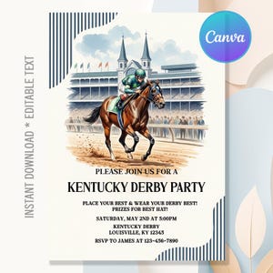 Może przedstawiać: Zaproszenie na imprezę Kentucky Derby. Obraz przedstawia akwarelową ilustrację wyścigu konnego z dżokejem, tekst "PLEASE JOIN US FOR A KENTUCKY DERBY PARTY" oraz szczegóły wydarzenia.