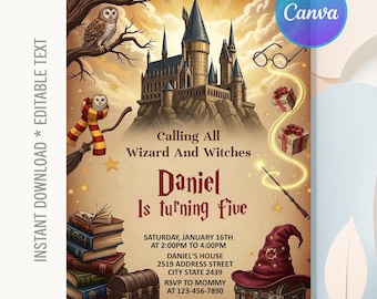 Przyjęcie urodzinowe Czarodziejów i Czarownic, Zaproszenie na urodziny Czarodziejów i Czarownic, Przyjęcie urodzinowe w magicznej szkole, Natychmiastowe pobranie, Edytowalny Canva
