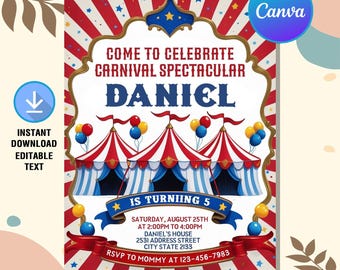Faire-part d'anniversaire carnaval, fête d'anniversaire carnaval, Faire-part carnaval, Faire-part d'anniversaire cirque, téléchargement immédiat, toile modifiable