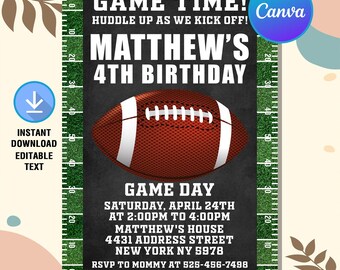 May include: A black and green football-themed birthday invitation with a brown football in the center. The text reads "GAME TIME! HUDDLE UP AS WE KICK OFF! MATTHEW'S 4TH BIRTHDAY GAME DAY SATURDAY, APRIL 24TH AT 2:00PM TO 4:00PM MATTHEW'S HOUSE 4431 ADDRESS STREET NEW YORK NY 5978 RSVP TO MOMMY AT 525-456-7498".