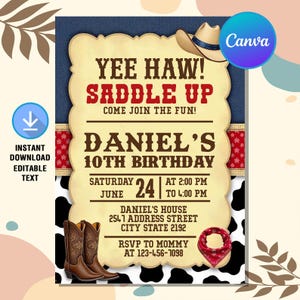 Cowboy Birthday Invitation,Cowboy Birthday Party,Cowboy Invitation,Cowboy Hat and Boots Invite,Instant Download,Editable Canva