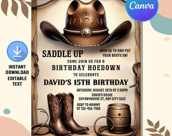 Zaproszenie na urodziny kowboja,impreza urodzinowa w stylu western hoedown,zaproszenie kowboja, siodłaj i załóż buty,edytowalny szablon Canva