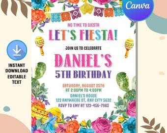 Invitación de cumpleaños de fiesta, invitación de fiesta, invitación con temática mexicana, invitación de cumpleaños de papel mexicano, descarga instantánea, Canva editable