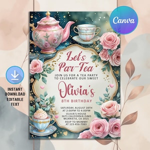 Tea Party Birthday Invitation,Par-tea Invitation,Girl Par-tea,Pink Gold Whimsical Tea Party,Instant Download,Editable Canva
