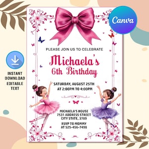 Ballerina Birthday Invitation,Ballerina Party,Ballerina Ballet Dancer Girl Birthday Invite,Ballet Invite,Instant Download,Editable Canva
