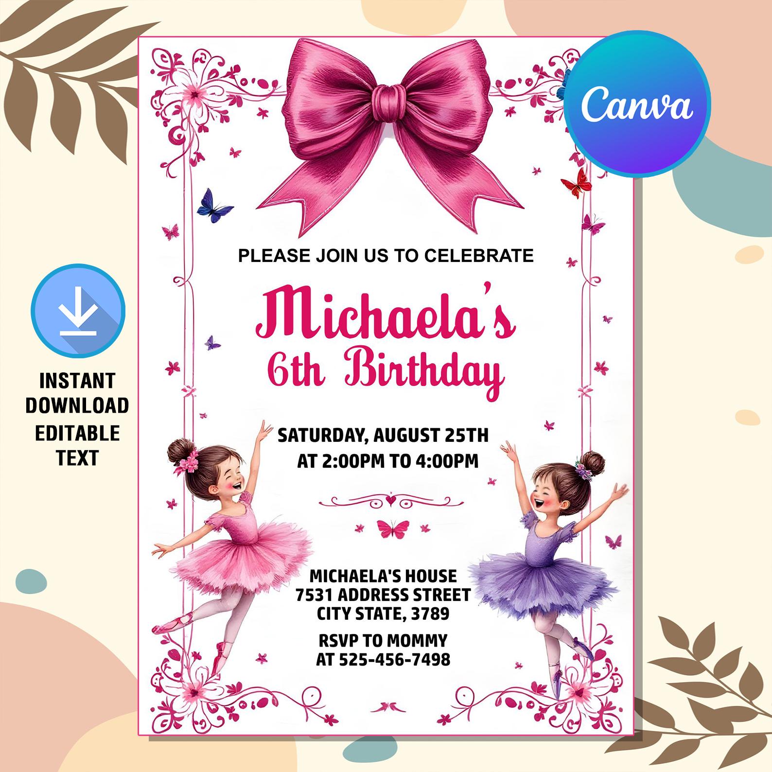 Ballerina Birthday Invitation,ballerina Party,ballerina Ballet Dancer ...