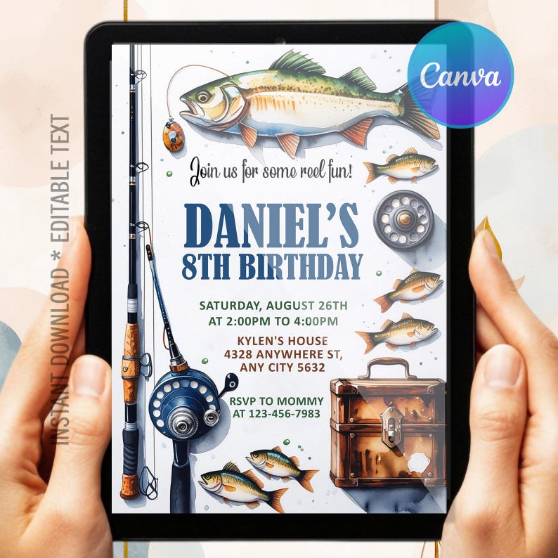 May include: A digital invitation for Daniel's 8th birthday, featuring fishing-themed illustrations. The design includes a large fish, fishing rods, and the text "Join us for some real fun!" and event details. The invitation is editable and available for instant download.