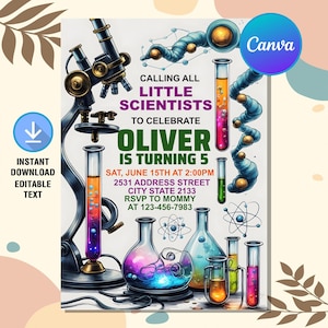 Pode incluir: Um convite de aniversário colorido para uma festa com tema científico. O convite apresenta um microscópio, béqueres e tubos de ensaio cheios de líquidos coloridos. O texto diz "Calling all little scientists to celebrate Oliver is turning 5".