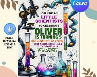 Może przedstawiać: Kolorowe zaproszenie na urodziny na temat nauki. Zaproszenie przedstawia mikroskop, zlewki i probówki wypełnione kolorowymi cieczami. Tekst brzmi "Calling all little scientists to celebrate Oliver is turning 5".