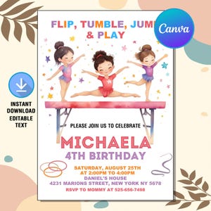 Gymnastics Birthday Invitation,Flip Tumble Jump and Play Invite,Gymnastics Birthday Party,Gymnastics,Instant Download,Editable Text Canva