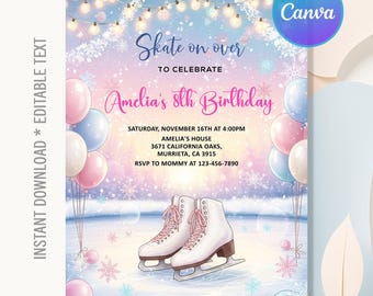Ice Skating Birthday Invitation,Ice Skating Invitation,Winter Skate Invite,Ice Skating Rainbow Party,Instant Download,Editable Canva