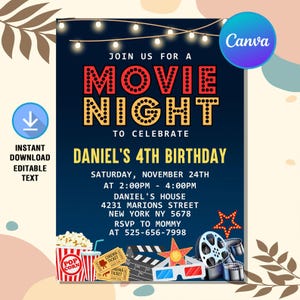 Movie Night Birthday Invitation,Movie Night Invitation,Movie Night Birthday Party,Movie Birthday Invite,Instant Download,Editable Canva