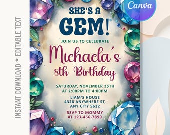Crystal Gemstone Birthday Invitation,Rocks and Gem Party,She's a Gem Birthday Party,Crystal Invitation,Instant Download,Editable Canva