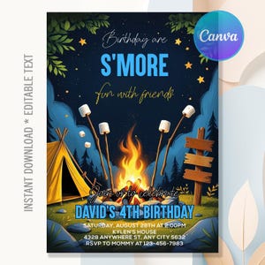 Puede incluir: Una invitación digital para una fiesta de cumpleaños con temática de campamento. El diseño presenta una fogata, malvaviscos en palitos, una tienda de campaña y el texto "Birthday are S'MORE fun with friends." La invitación incluye el texto "DAVID'S 4TH BIRTHDAY."