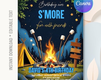 Camping Birthday Invitation,Camping Invitation,Smore Fun Birthday Party,Backyard Camping Invitation,Campfire Party,Editable Canva