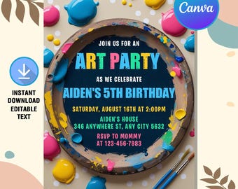 May include: An art party invitation with a wooden paint palette, colorful paint splotches, and paintbrushes. The invitation text reads "Art Party" and celebrates Aiden's 5th birthday. Includes editable text and a Canva logo.