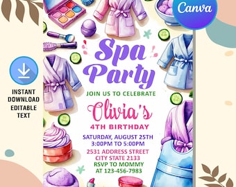 Spa Party Birthday Invitation,Pamper Birthday,Glam Birthday Party,Girls Spa Birthday,Spa Party Invite,Instant Download,Editable Canva