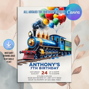 Train Birthday Invitation,Train Party Invitation,Train All Aboard Birthday Express Party,Train Invite,Instant Download,Editable Canva
